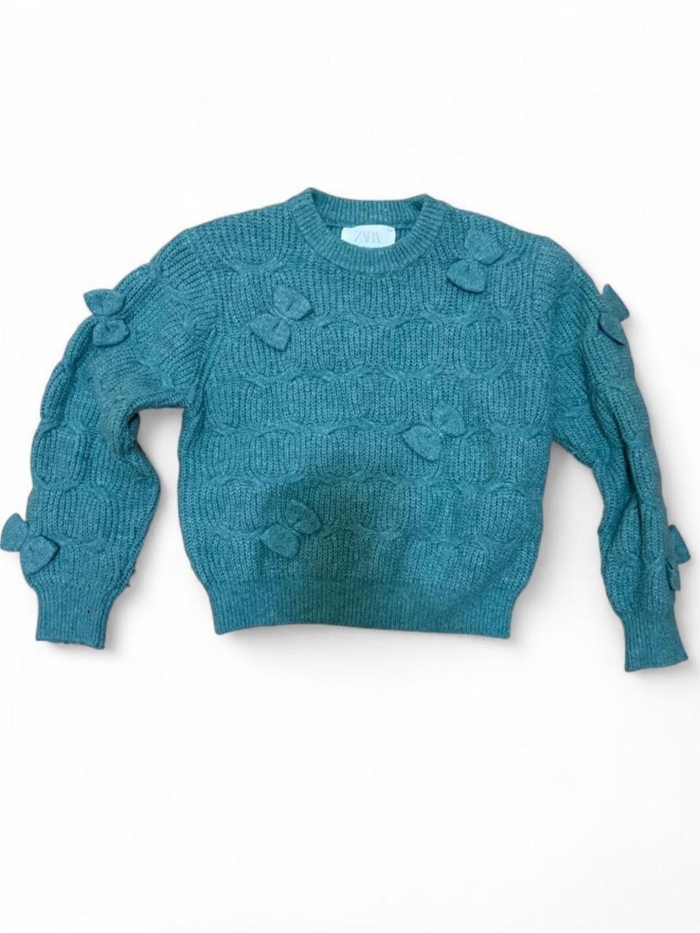 Zara Teal Knit Crewneck Sweater with Bow Accents